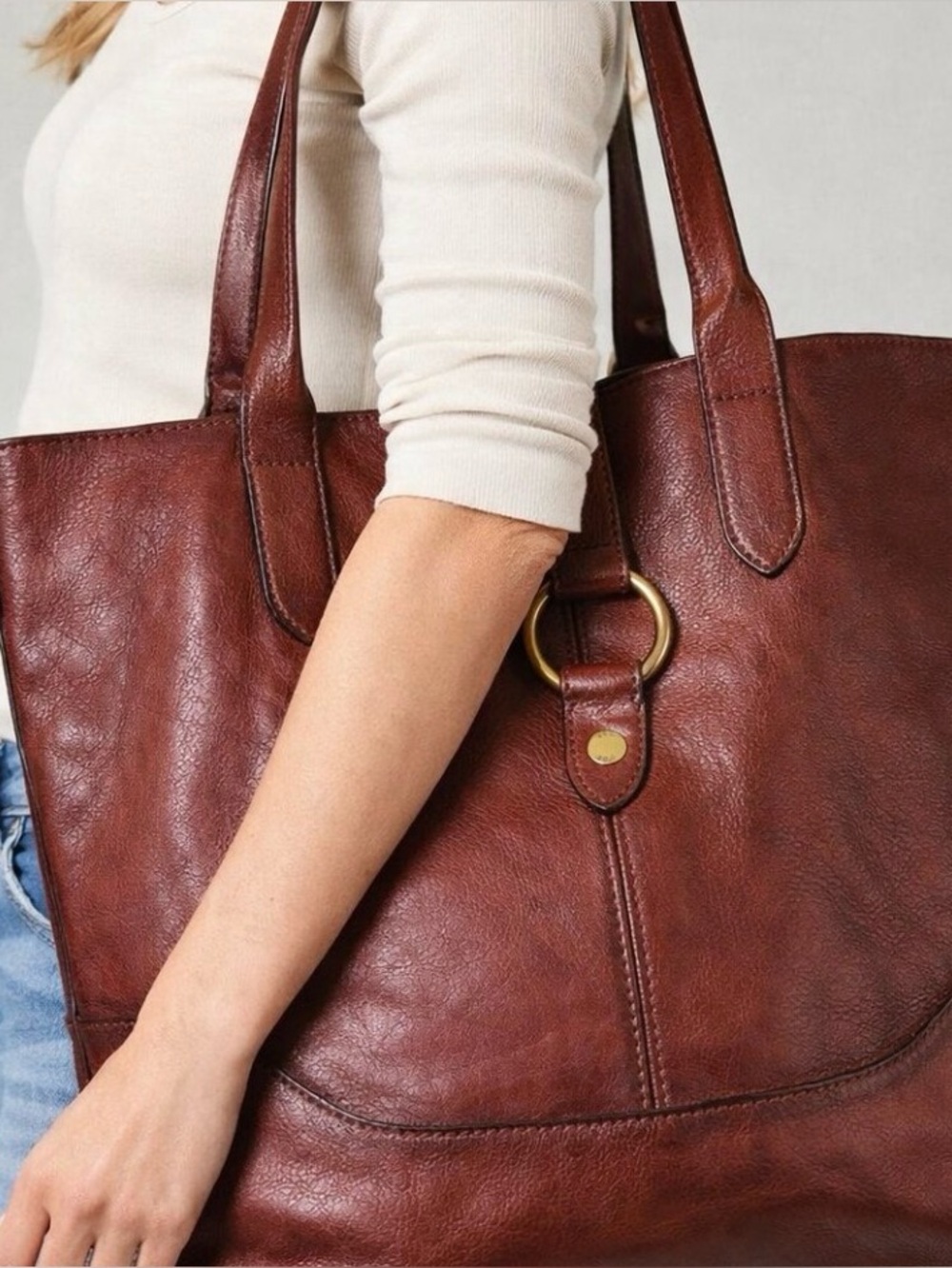 Frye Brown Leather Tote Classic Ring Detail Carryall Shoulder Bag